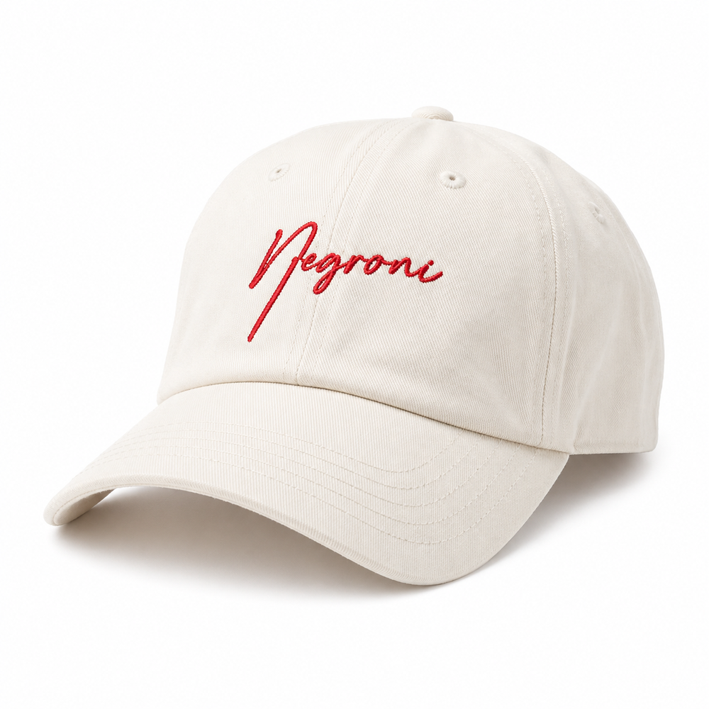 Beige cap with red 'Negroni' text on a white background